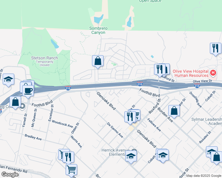 map of restaurants, bars, coffee shops, grocery stores, and more near 15322 Foothill Boulevard in Los Angeles