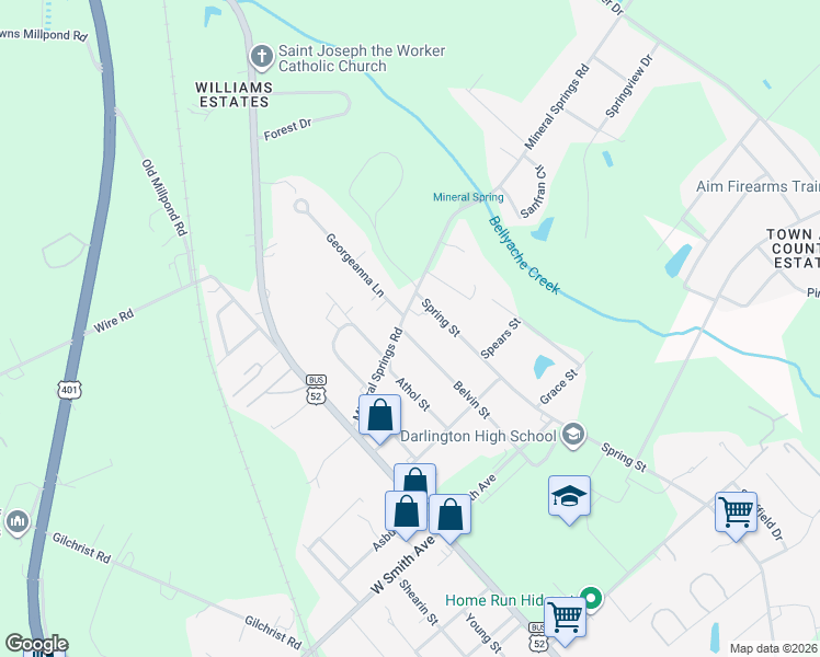 map of restaurants, bars, coffee shops, grocery stores, and more near 222 Belvin Street in Darlington