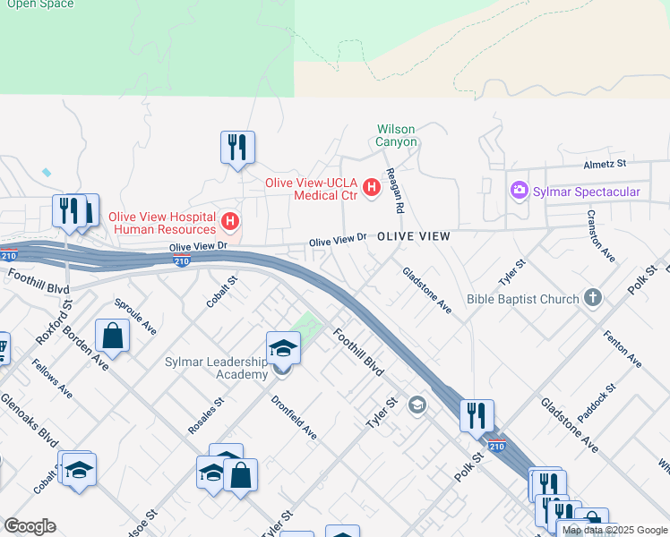 map of restaurants, bars, coffee shops, grocery stores, and more near 13901 Olive View Lane in Los Angeles