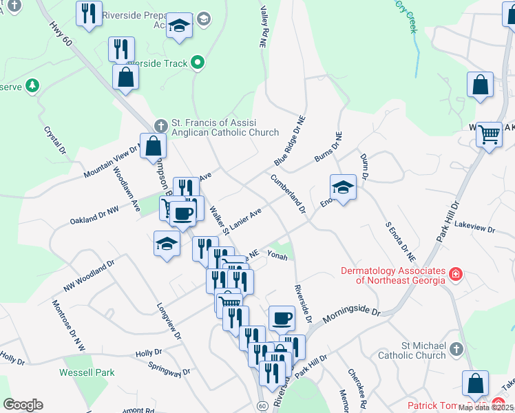 map of restaurants, bars, coffee shops, grocery stores, and more near 1113 Lanier Avenue in Gainesville