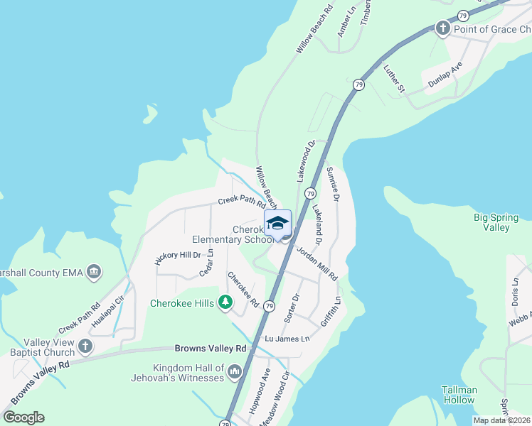 map of restaurants, bars, coffee shops, grocery stores, and more near 3309 Creek Circle in Guntersville