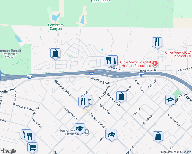 map of restaurants, bars, coffee shops, grocery stores, and more near 15151 Foothill Boulevard in Los Angeles