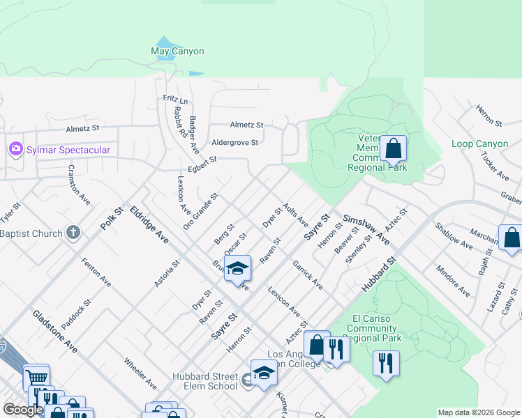 map of restaurants, bars, coffee shops, grocery stores, and more near 13374 Berg Street in Los Angeles