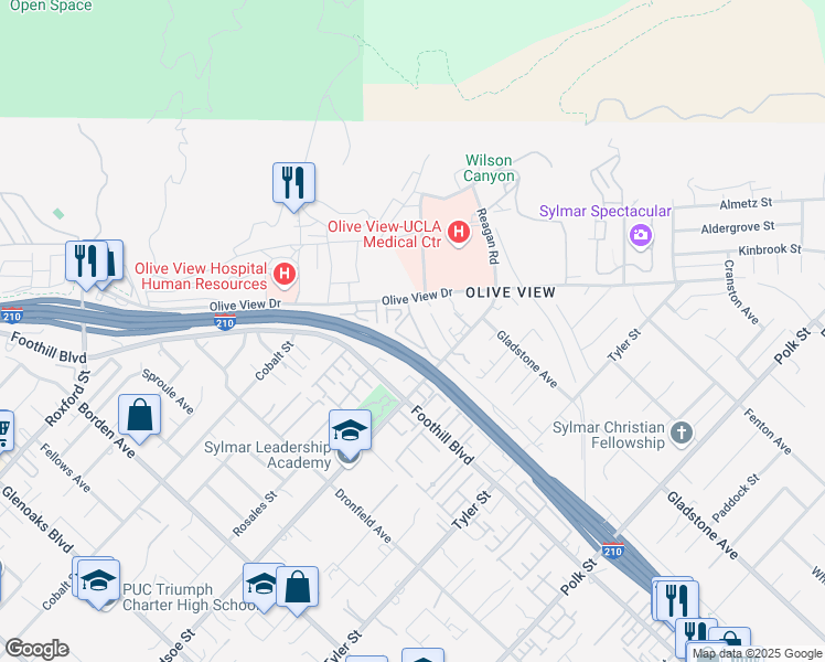 map of restaurants, bars, coffee shops, grocery stores, and more near 13901 Olive View Lane in Los Angeles