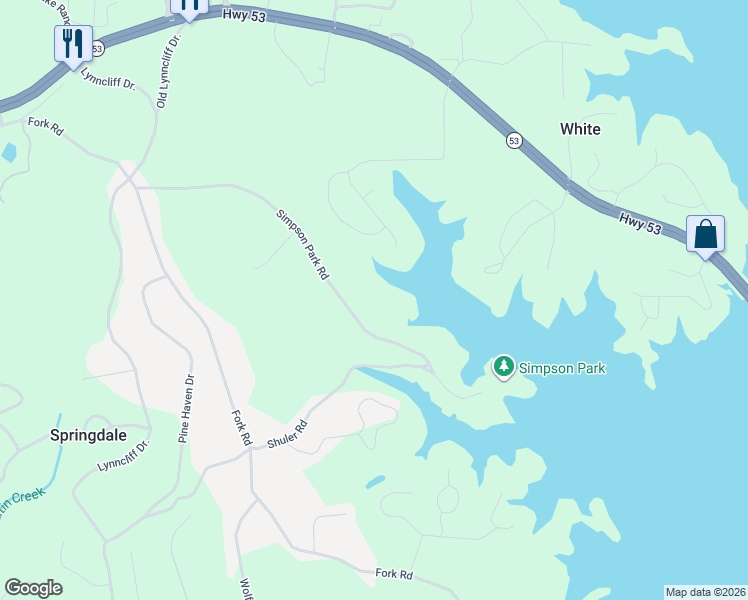 map of restaurants, bars, coffee shops, grocery stores, and more near 3074 Simpson Park Road in Gainesville