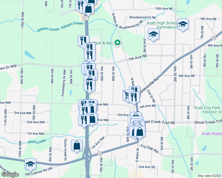 map of restaurants, bars, coffee shops, grocery stores, and more near 464 4th Street Northwest in Arab