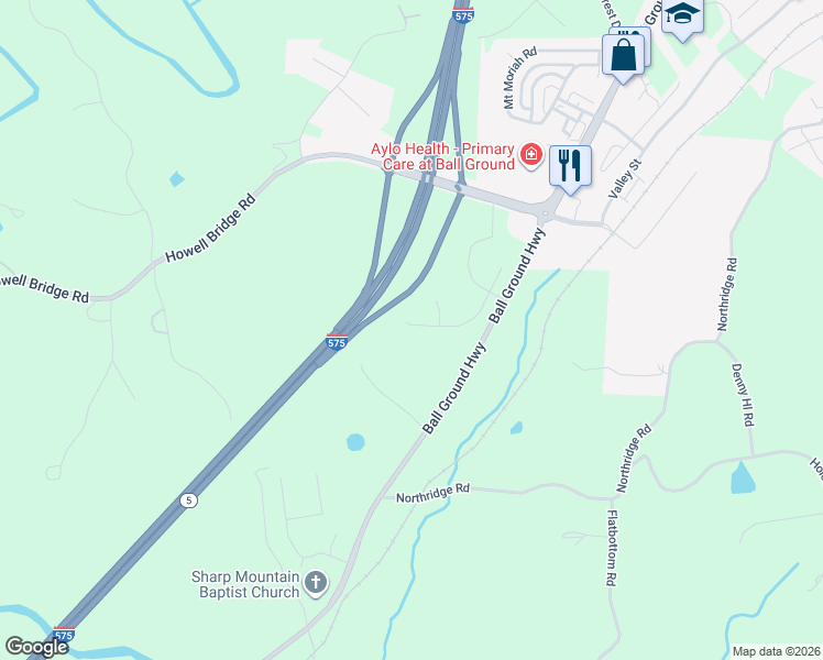 map of restaurants, bars, coffee shops, grocery stores, and more near 321 Conifer Lane in Ball Ground