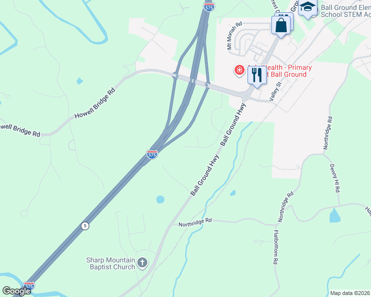 map of restaurants, bars, coffee shops, grocery stores, and more near 321 Conifer Lane in Ball Ground