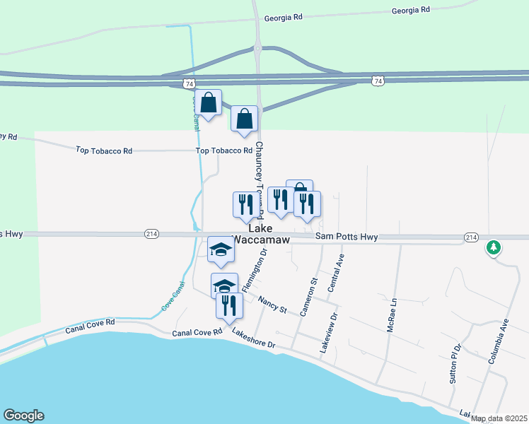 map of restaurants, bars, coffee shops, grocery stores, and more near 107 Chauncey Town Road in Lake Waccamaw
