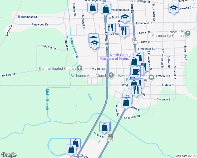 map of restaurants, bars, coffee shops, grocery stores, and more near 401 West Walter Street in Whiteville