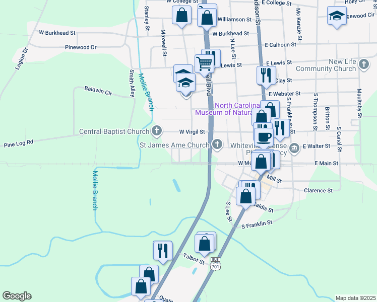 map of restaurants, bars, coffee shops, grocery stores, and more near 401 West Walter Street in Whiteville