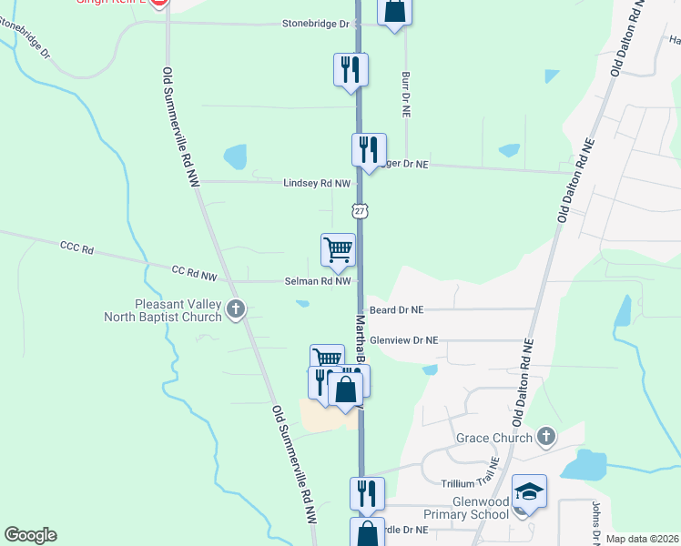 map of restaurants, bars, coffee shops, grocery stores, and more near 26 Selman Road Northwest in Rome