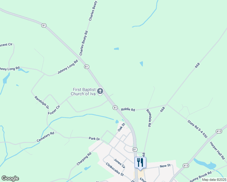 map of restaurants, bars, coffee shops, grocery stores, and more near 9539 South Carolina 81 in Iva