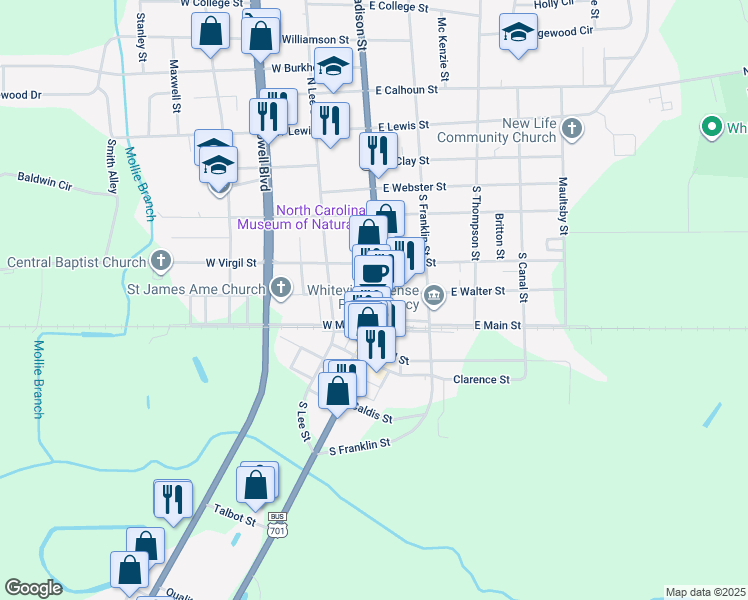 map of restaurants, bars, coffee shops, grocery stores, and more near 606 South Madison Street in Whiteville