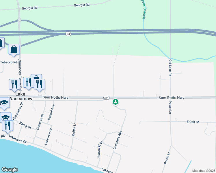 map of restaurants, bars, coffee shops, grocery stores, and more near 208 James Avenue in Lake Waccamaw