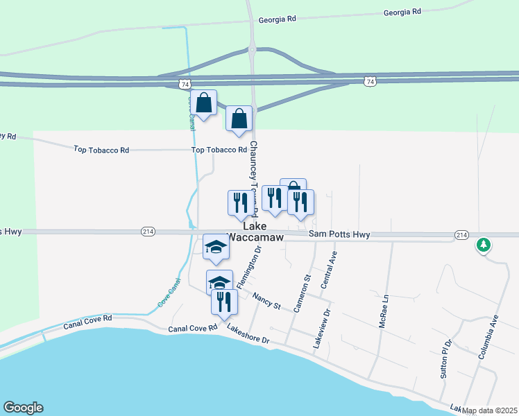 map of restaurants, bars, coffee shops, grocery stores, and more near 107 Chauncey Town Road in Lake Waccamaw