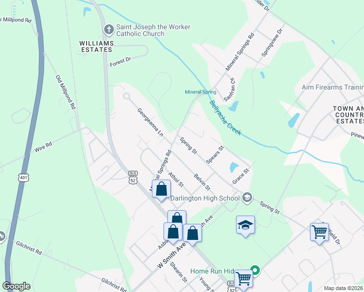 map of restaurants, bars, coffee shops, grocery stores, and more near 222 Belvin Street in Darlington