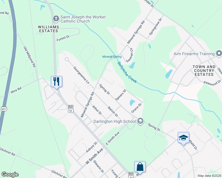 map of restaurants, bars, coffee shops, grocery stores, and more near 713 Spring Street in Darlington