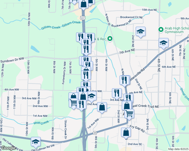 map of restaurants, bars, coffee shops, grocery stores, and more near 510 North Brindlee Mountain Parkway in Arab