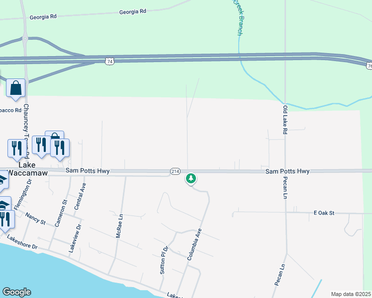 map of restaurants, bars, coffee shops, grocery stores, and more near 208 James Avenue in Lake Waccamaw