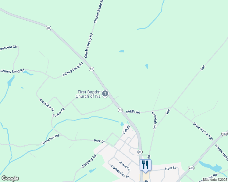 map of restaurants, bars, coffee shops, grocery stores, and more near 9539 South Carolina 81 in Iva