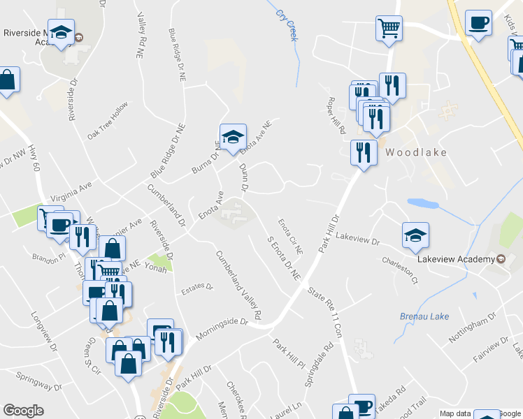map of restaurants, bars, coffee shops, grocery stores, and more near 1254 South Enota Drive Northeast in Gainesville