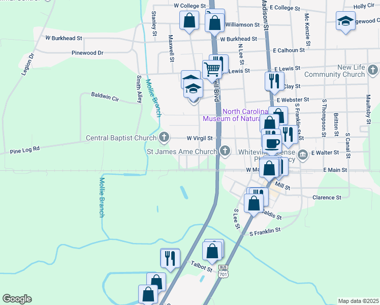 map of restaurants, bars, coffee shops, grocery stores, and more near 408 West Walter Street in Whiteville