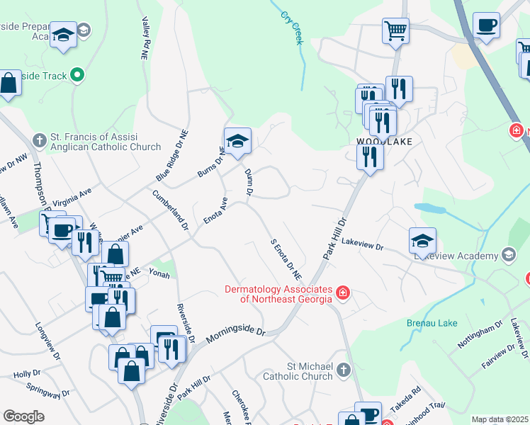 map of restaurants, bars, coffee shops, grocery stores, and more near 1254 South Enota Drive Northeast in Gainesville