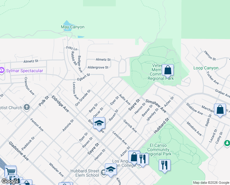 map of restaurants, bars, coffee shops, grocery stores, and more near 13374 Berg Street in Los Angeles