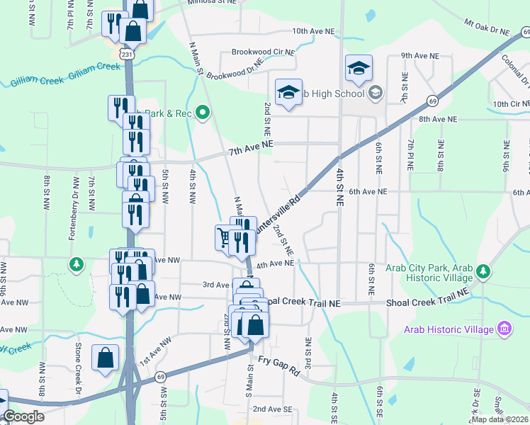 map of restaurants, bars, coffee shops, grocery stores, and more near 205 Guntersville Road in Arab