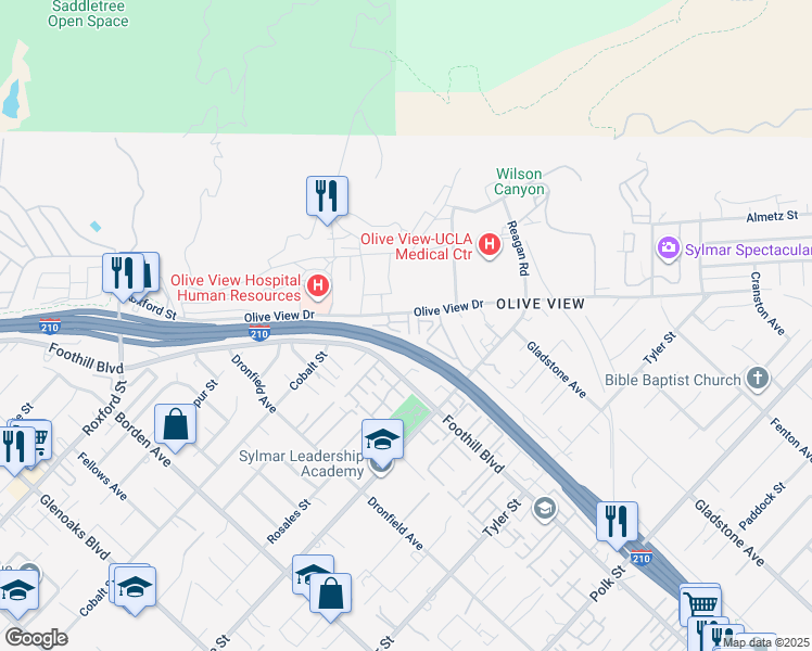 map of restaurants, bars, coffee shops, grocery stores, and more near 14500 Olive View Drive in Los Angeles