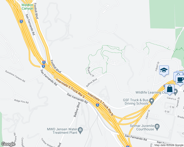 map of restaurants, bars, coffee shops, grocery stores, and more near 16722 Nicklaus Drive in Los Angeles