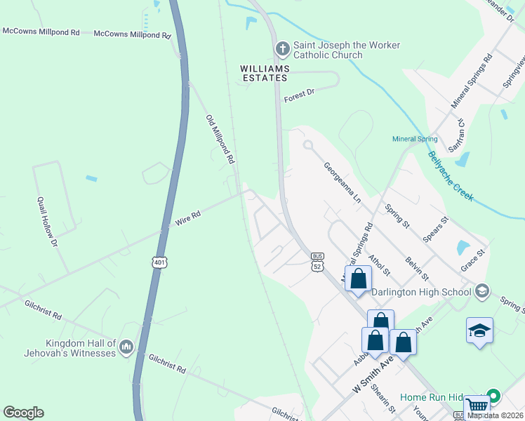 map of restaurants, bars, coffee shops, grocery stores, and more near 144 Old Millpond Road in Darlington