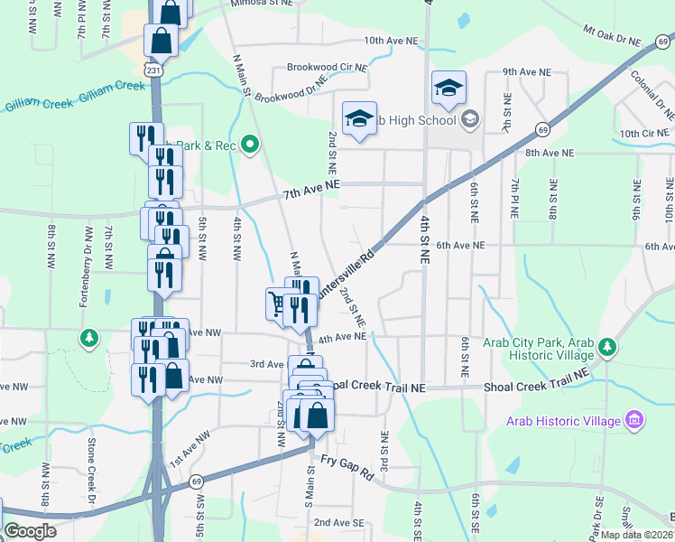 map of restaurants, bars, coffee shops, grocery stores, and more near 205 Guntersville Road in Arab