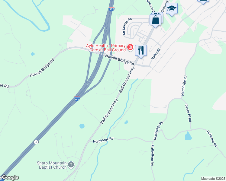 map of restaurants, bars, coffee shops, grocery stores, and more near 364 Conifer Lane in Ball Ground