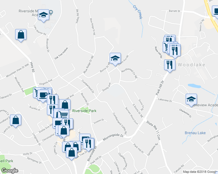 map of restaurants, bars, coffee shops, grocery stores, and more near 1399 South Enota Drive Northeast in Gainesville