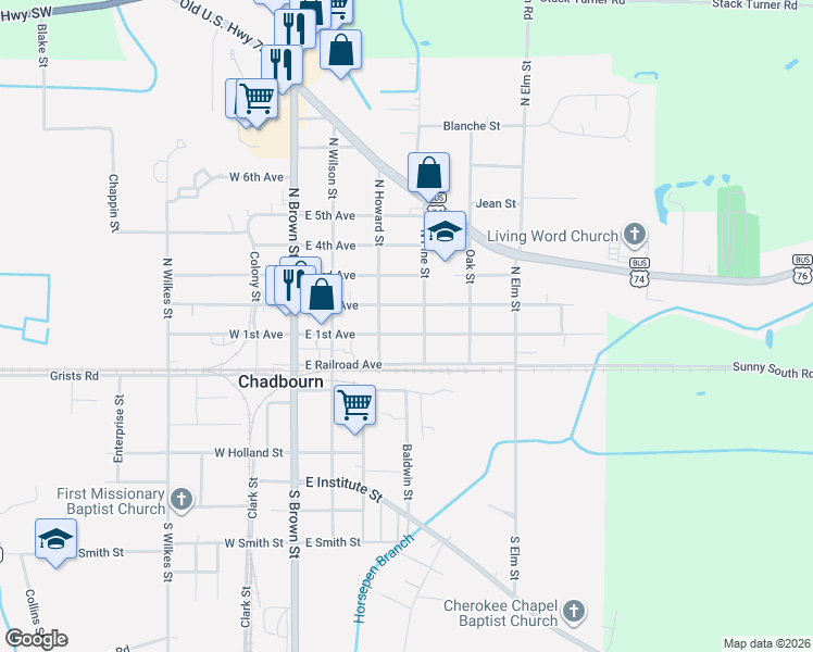 map of restaurants, bars, coffee shops, grocery stores, and more near 310 East 2nd Avenue in Chadbourn