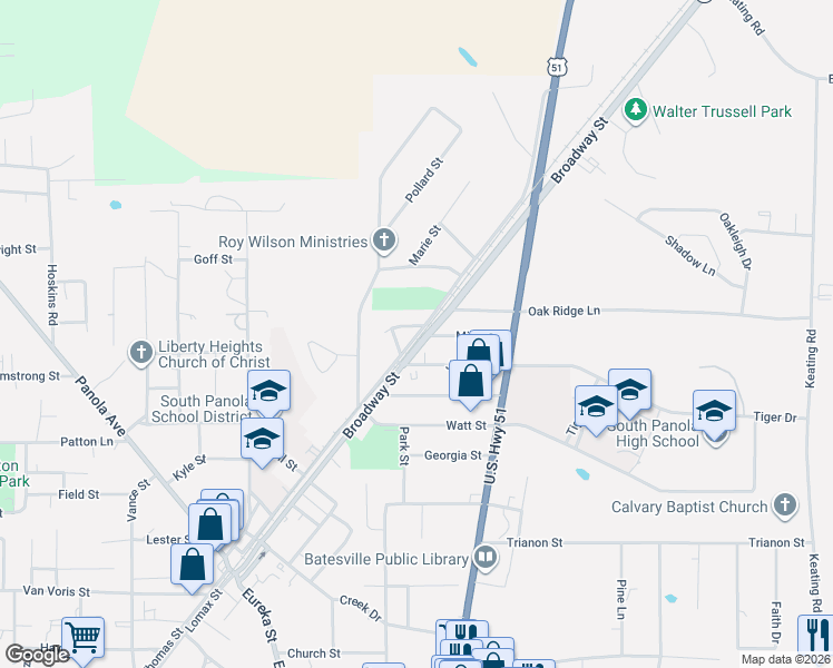 map of restaurants, bars, coffee shops, grocery stores, and more near 108 Rollins Drive in Batesville
