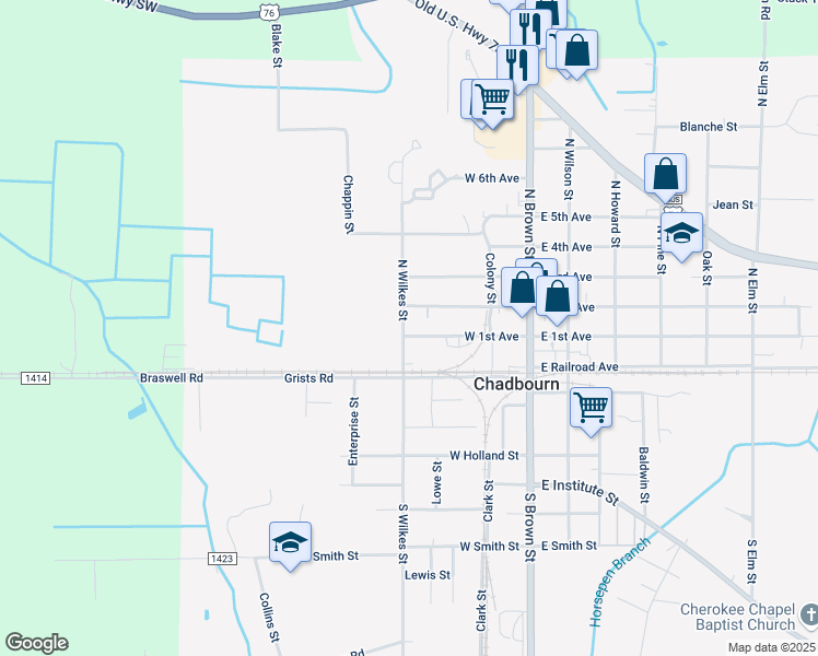 map of restaurants, bars, coffee shops, grocery stores, and more near 221 West 2nd Avenue in Chadbourn