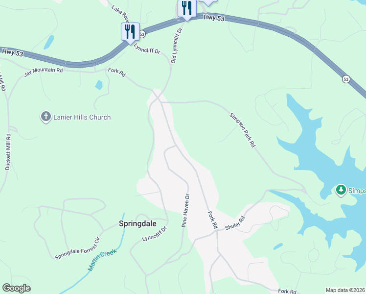 map of restaurants, bars, coffee shops, grocery stores, and more near 3007 Fork Road in Gainesville