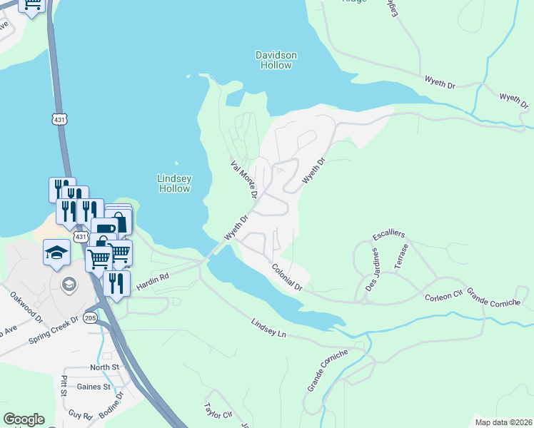 map of restaurants, bars, coffee shops, grocery stores, and more near 1236 Taylor Mill in Guntersville