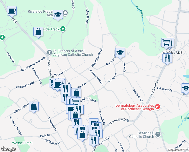 map of restaurants, bars, coffee shops, grocery stores, and more near 1405 Cumberland Drive in Gainesville