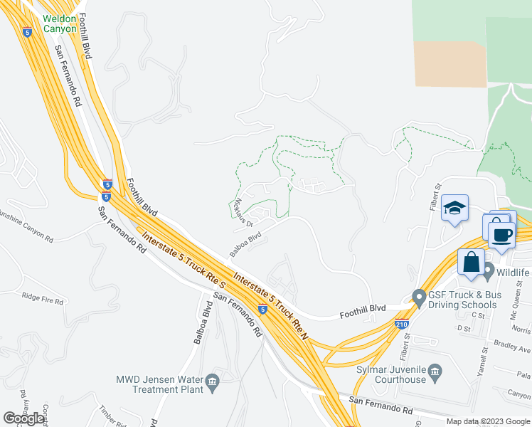 map of restaurants, bars, coffee shops, grocery stores, and more near 16714 Nicklaus Drive in Los Angeles