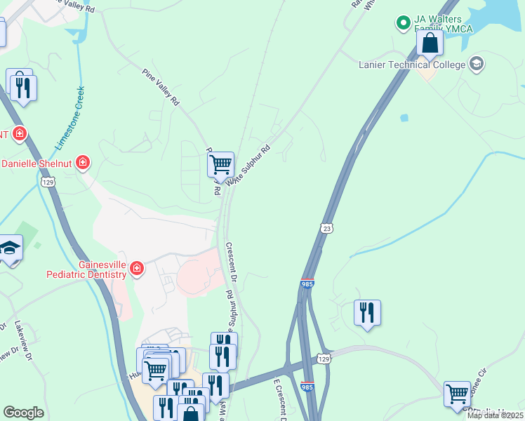 map of restaurants, bars, coffee shops, grocery stores, and more near 560 Crescent Drive in Gainesville