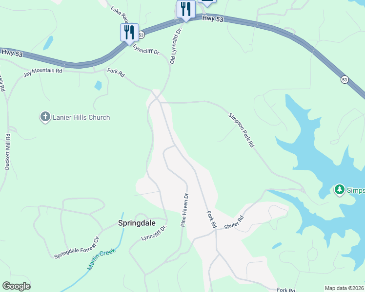 map of restaurants, bars, coffee shops, grocery stores, and more near 3007 Fork Road in Gainesville