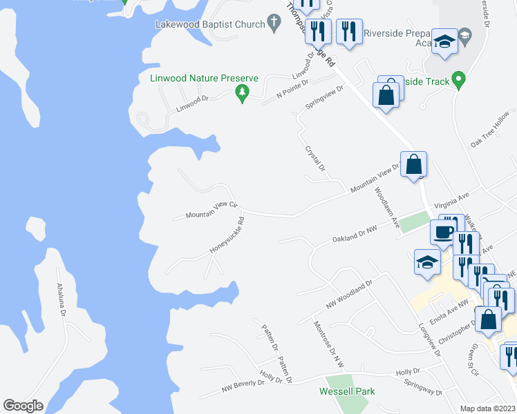 map of restaurants, bars, coffee shops, grocery stores, and more near 492 Mountain View Drive Northwest in Gainesville