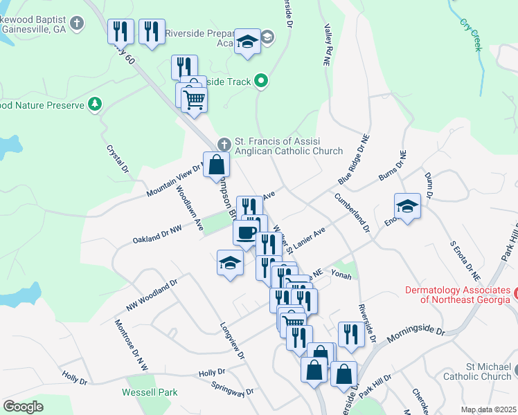map of restaurants, bars, coffee shops, grocery stores, and more near 1565 Walker Street in Gainesville