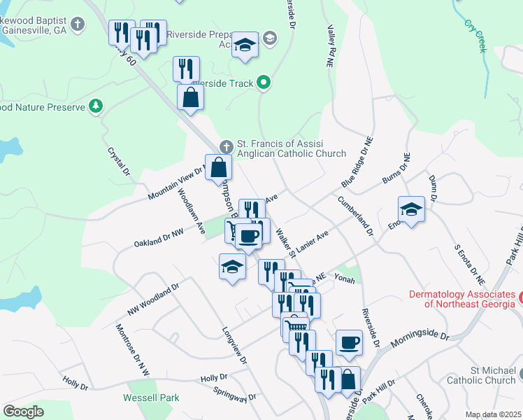 map of restaurants, bars, coffee shops, grocery stores, and more near 1565 Walker Street in Gainesville