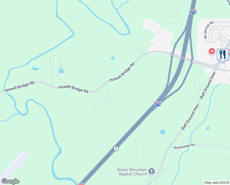 map of restaurants, bars, coffee shops, grocery stores, and more near 201 North Sharp Mountain Church Lane in Ball Ground
