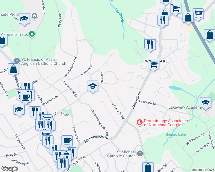 map of restaurants, bars, coffee shops, grocery stores, and more near 1337 Northwood Circle Northeast in Gainesville